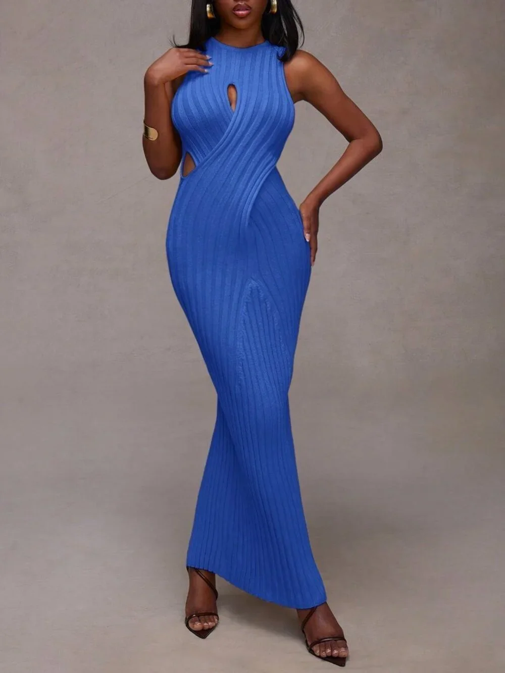 Blue Sexy Women's Cut Out Criss Cross Bodice Fitted Bodycon Knit Maxi dress